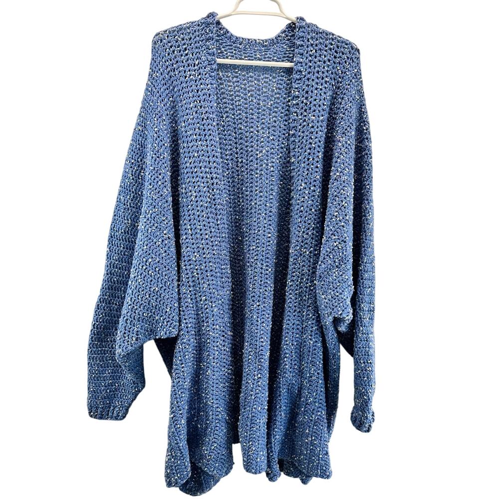 Hand Knit Oversized Cardigan Sweater Open Front Blue Speckled OS